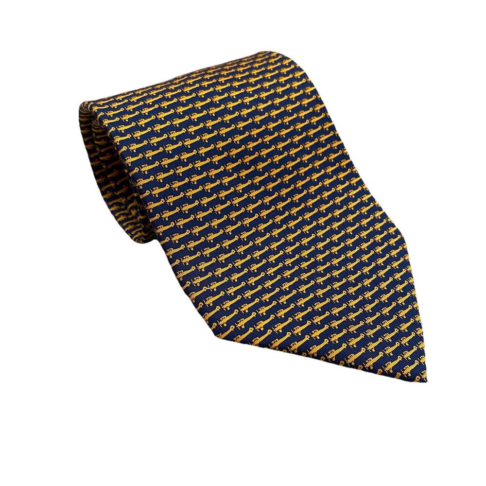 Dunhill Silk Neck Tie Mens Navy Yellow Airplane Print Business Made in Italy